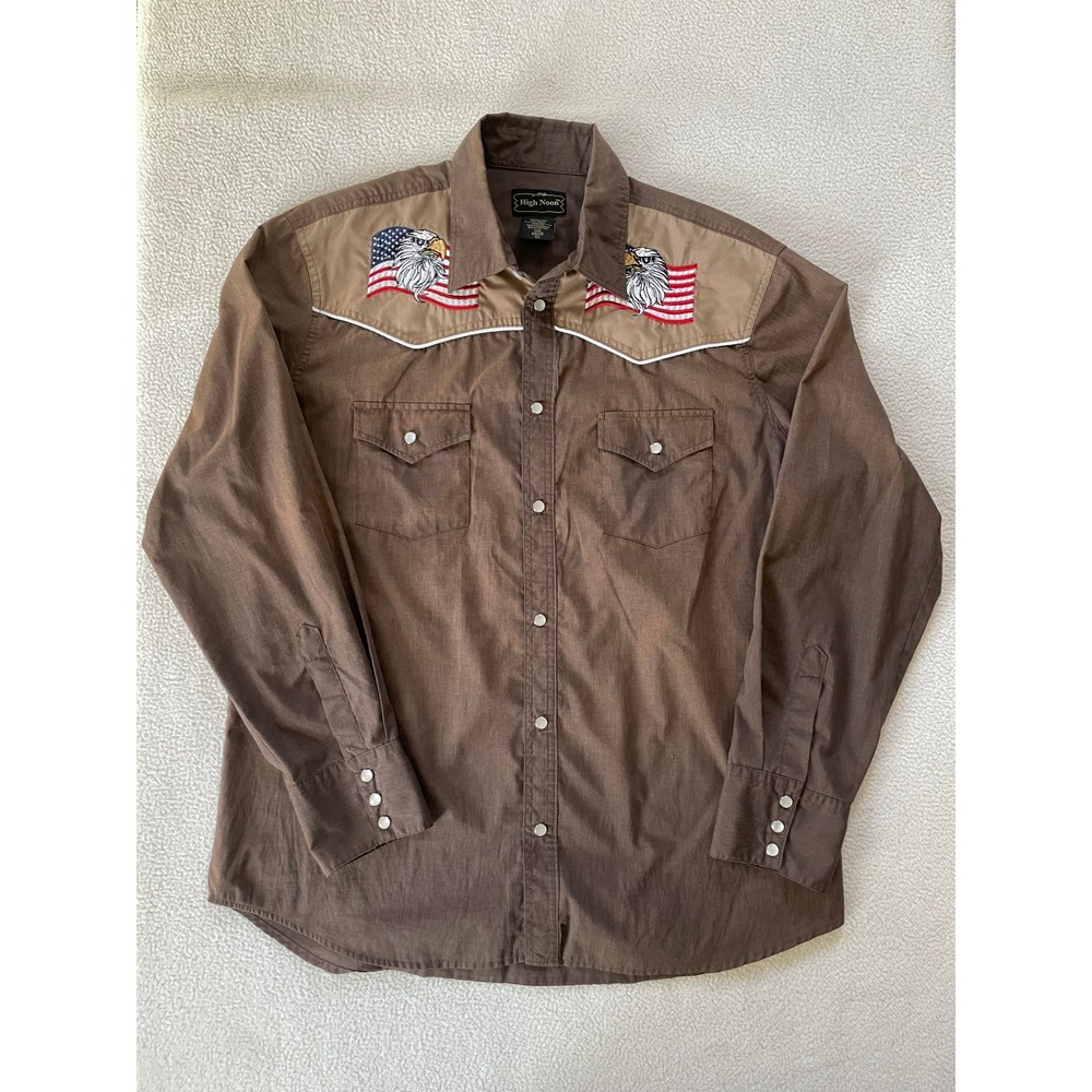 High Noon Mens Large Western Pearl Snap Shirt Brown Eagle Flag Embroidered